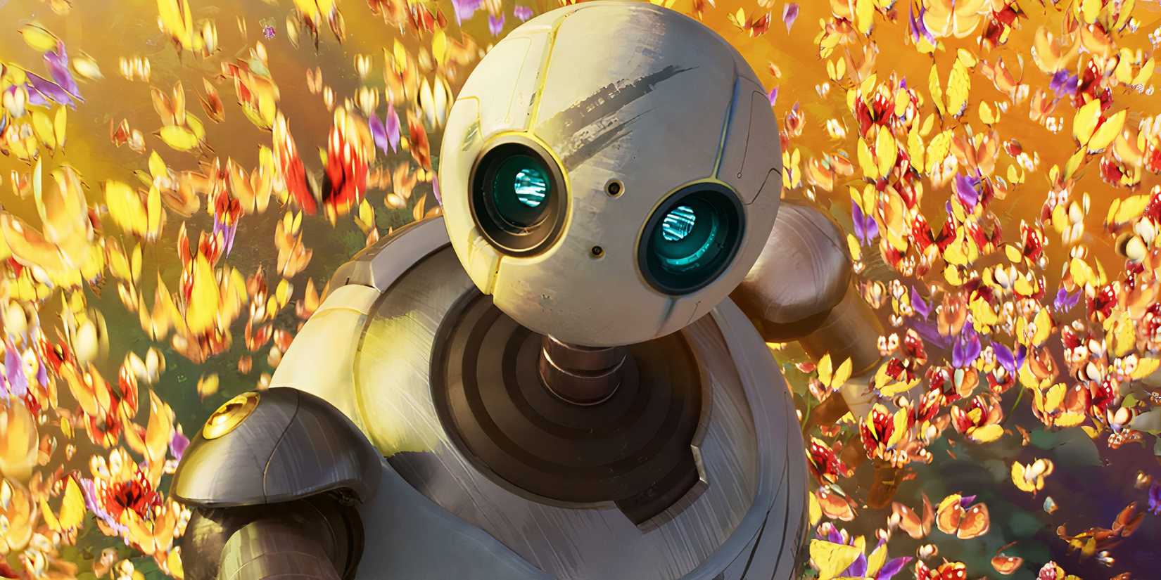 Roz in The Wild Robot, damaged but surrounded by butterflies