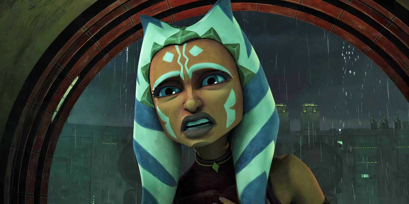 Ahsoka Tano looks desperately at Anakin Skywalker on Coruscant.
