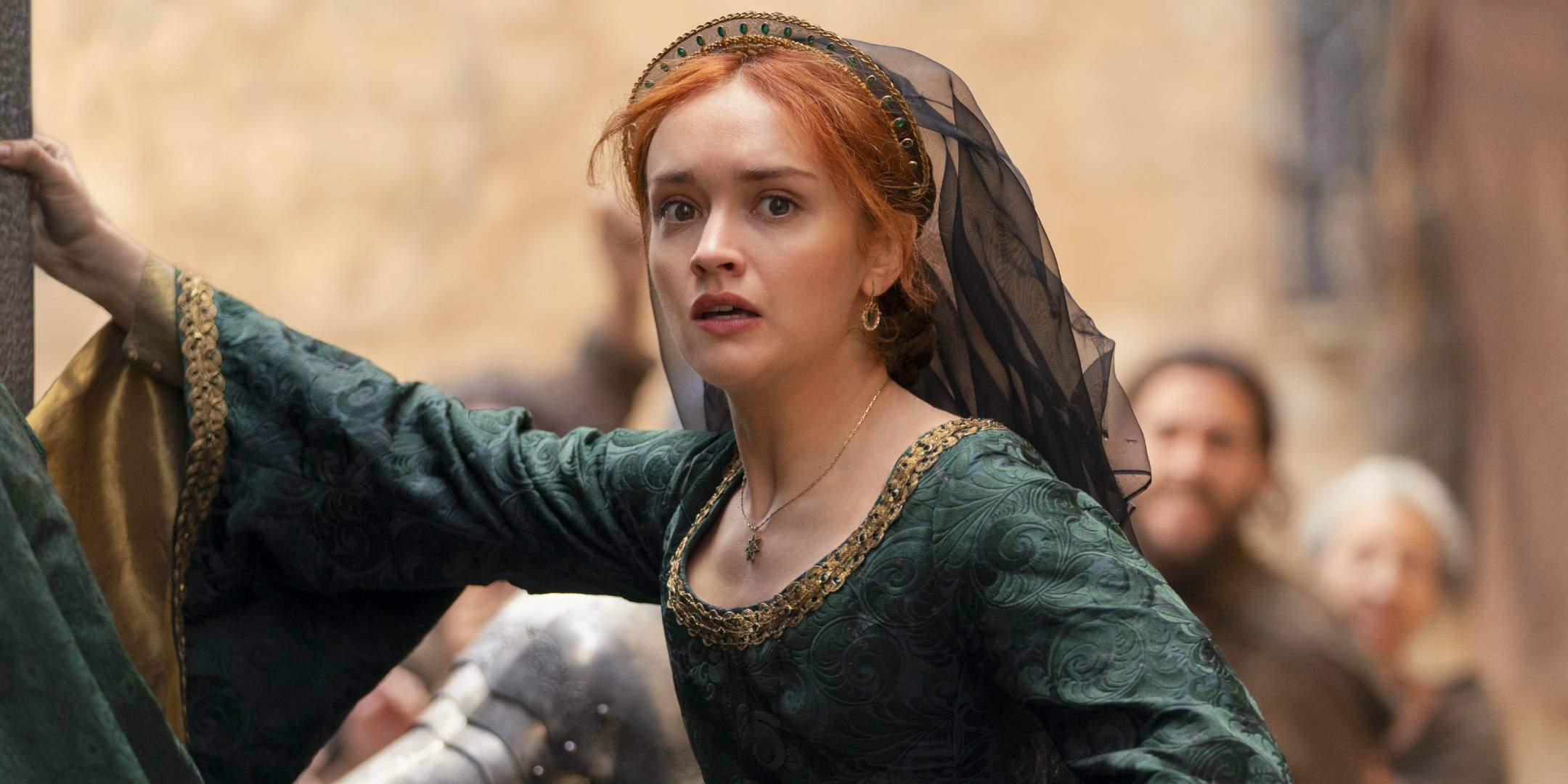 Alicent Hightower (Olivia Cooke) in a green dress in House of the Dragon season 2