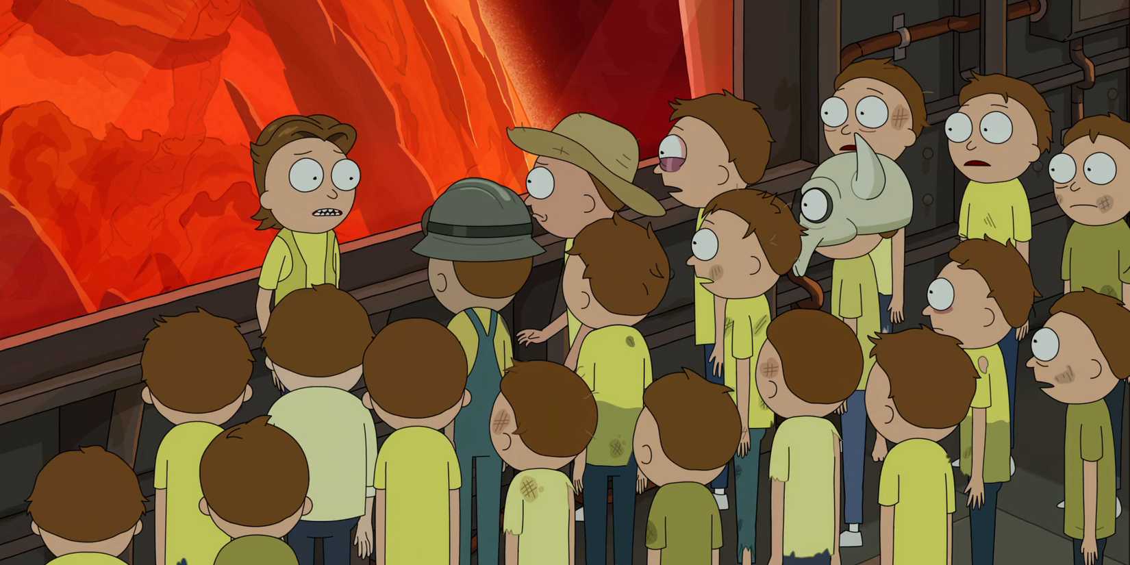 Morty Arcade conversando com um grupo de clones de Morty na 8ª temporada de Rick and Morty
