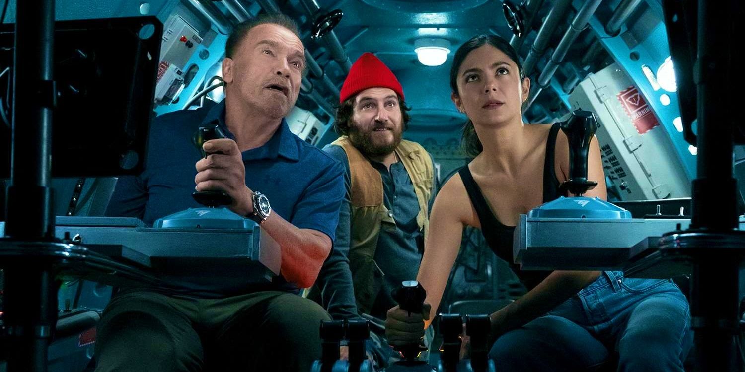 Arnold Schwarzenegger, Monica Barbaro and Adam Pally in a sub in FUBAR season 2