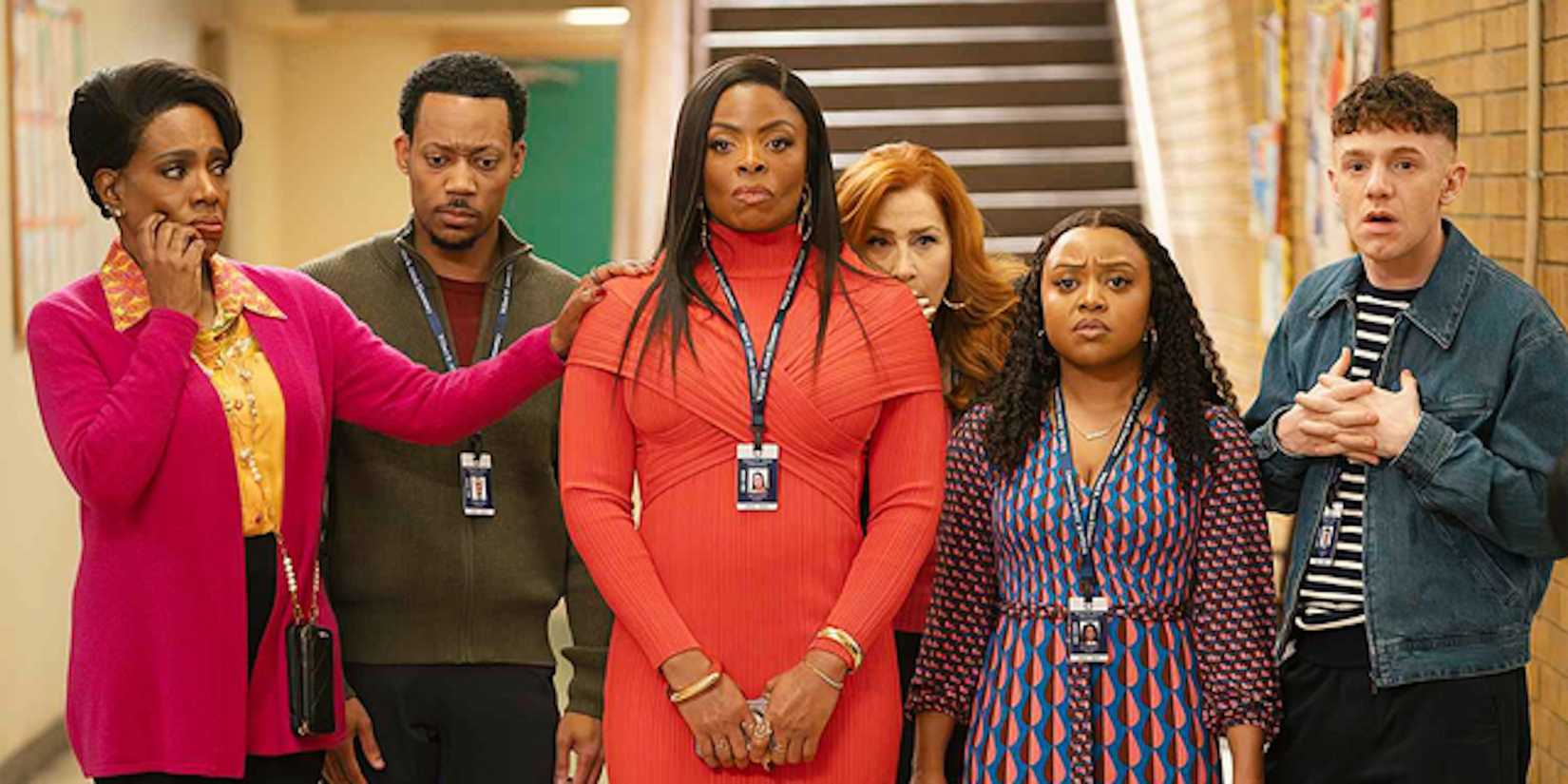 Barbara Gregory Melissa Janine and Jacob stand behind Ava in Abbott Elementary season 4 episode 18