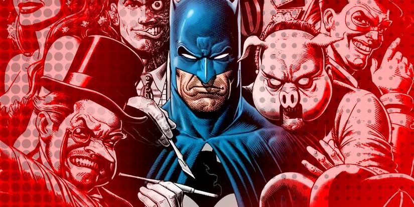 batman amid his classic villains with pop art dots