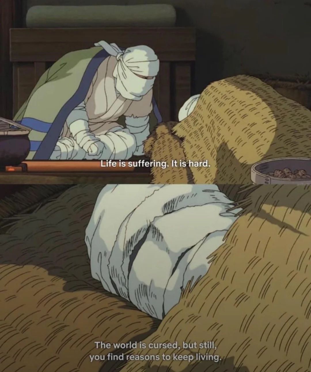Studio Ghibli - Princess Mononoke Lady Eboshi's soldier talking about humanity while being injured and in bed