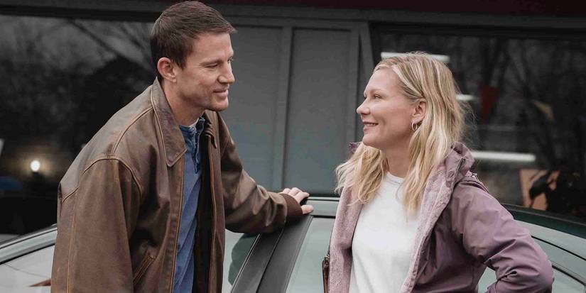 Channing Tatum & Kirsten Dunst smiling at each other in Roofman