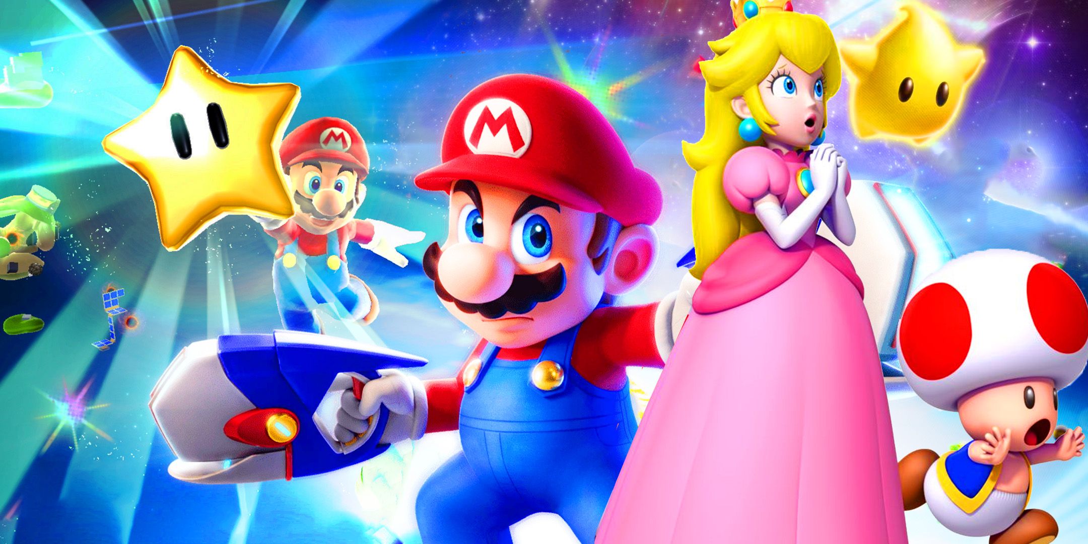 Characters from various Mario games looking scared