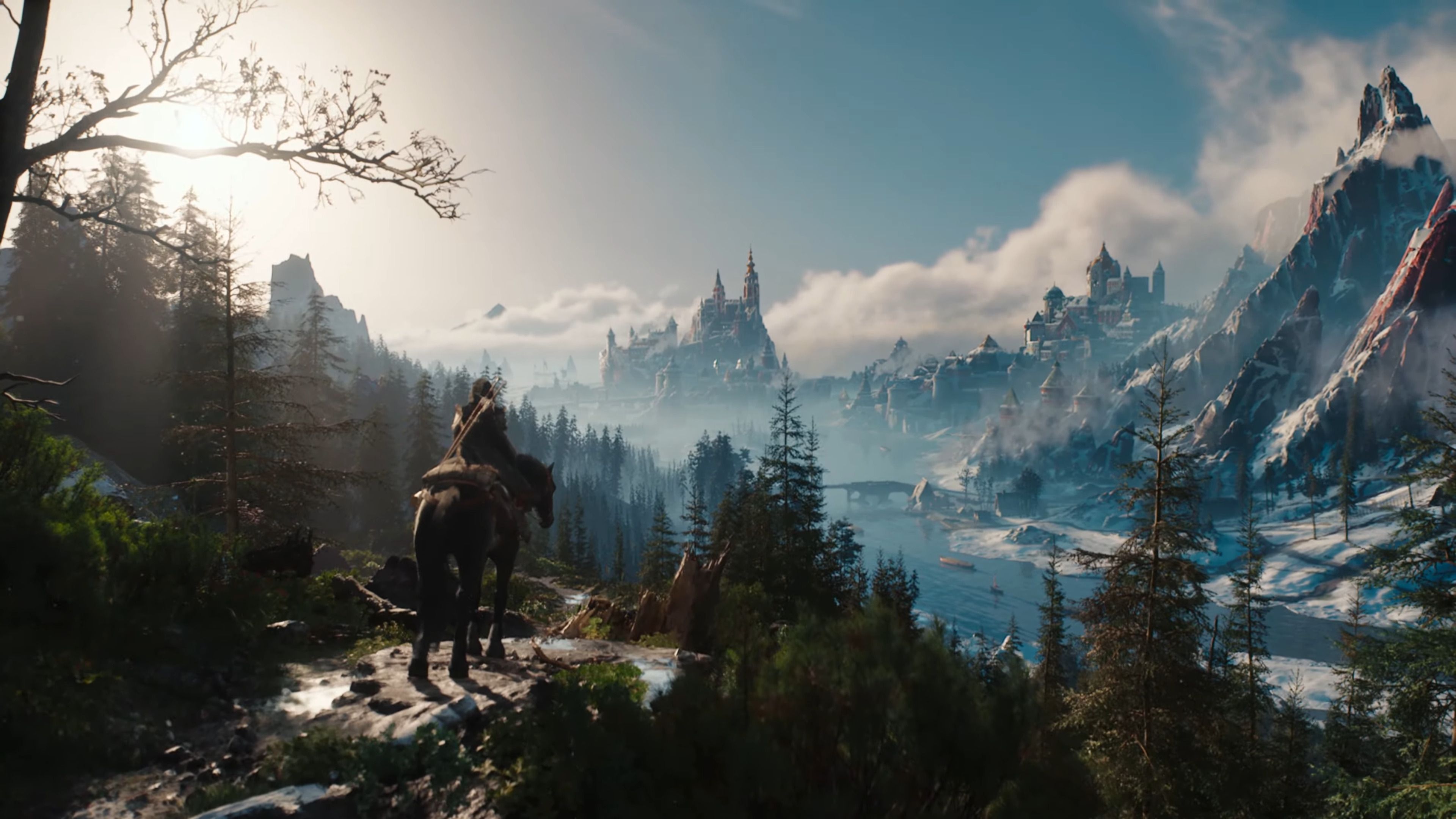 Ciri riding Kelpie along a mountain ridge, looking at a set of snowy peaks in the distance in a screenshot from The Witcher 4.