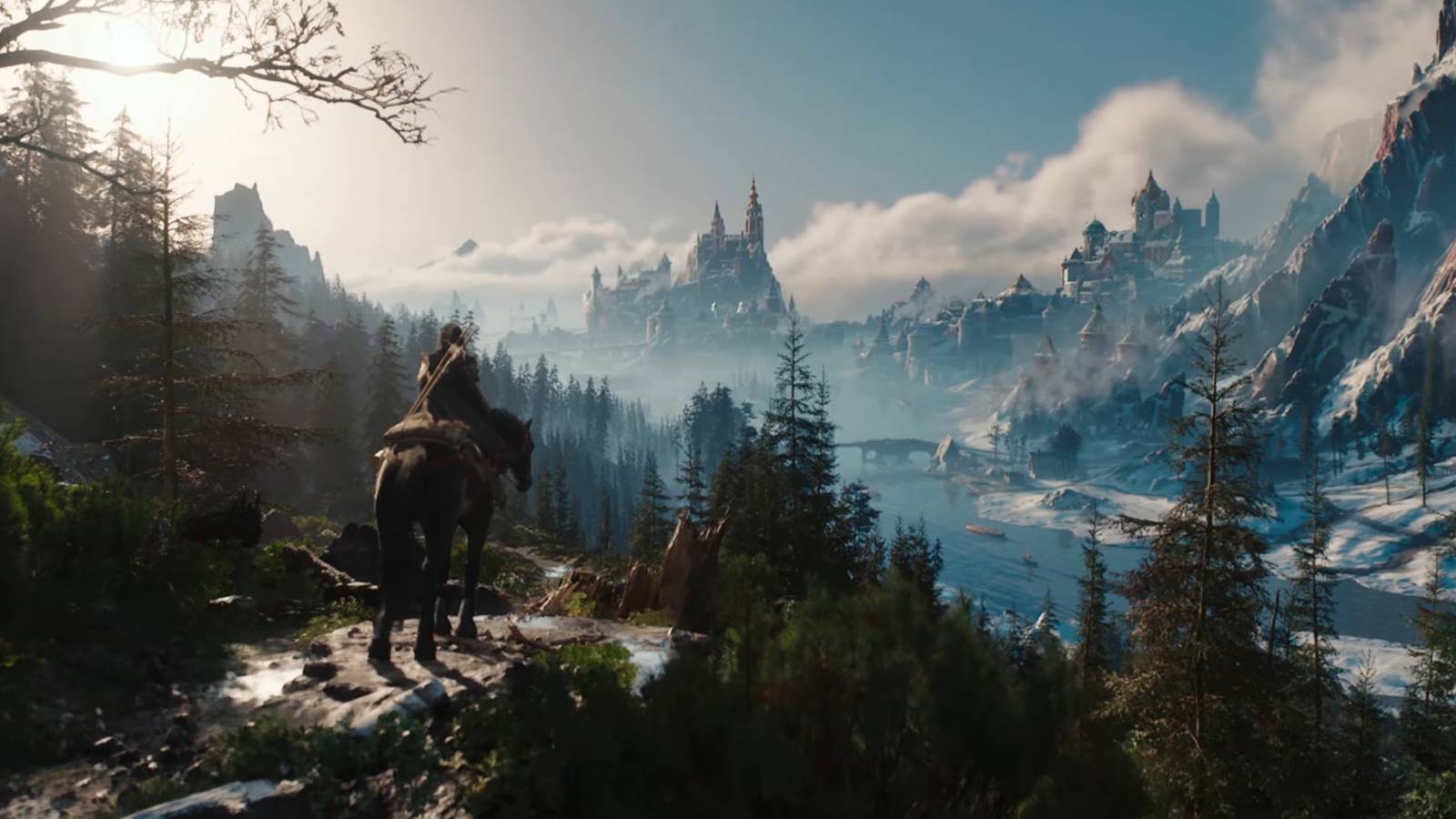 Ciri riding Kelpie along a mountain ridge, looking at a set of snowy peaks in the distance in a screenshot from The Witcher 4.