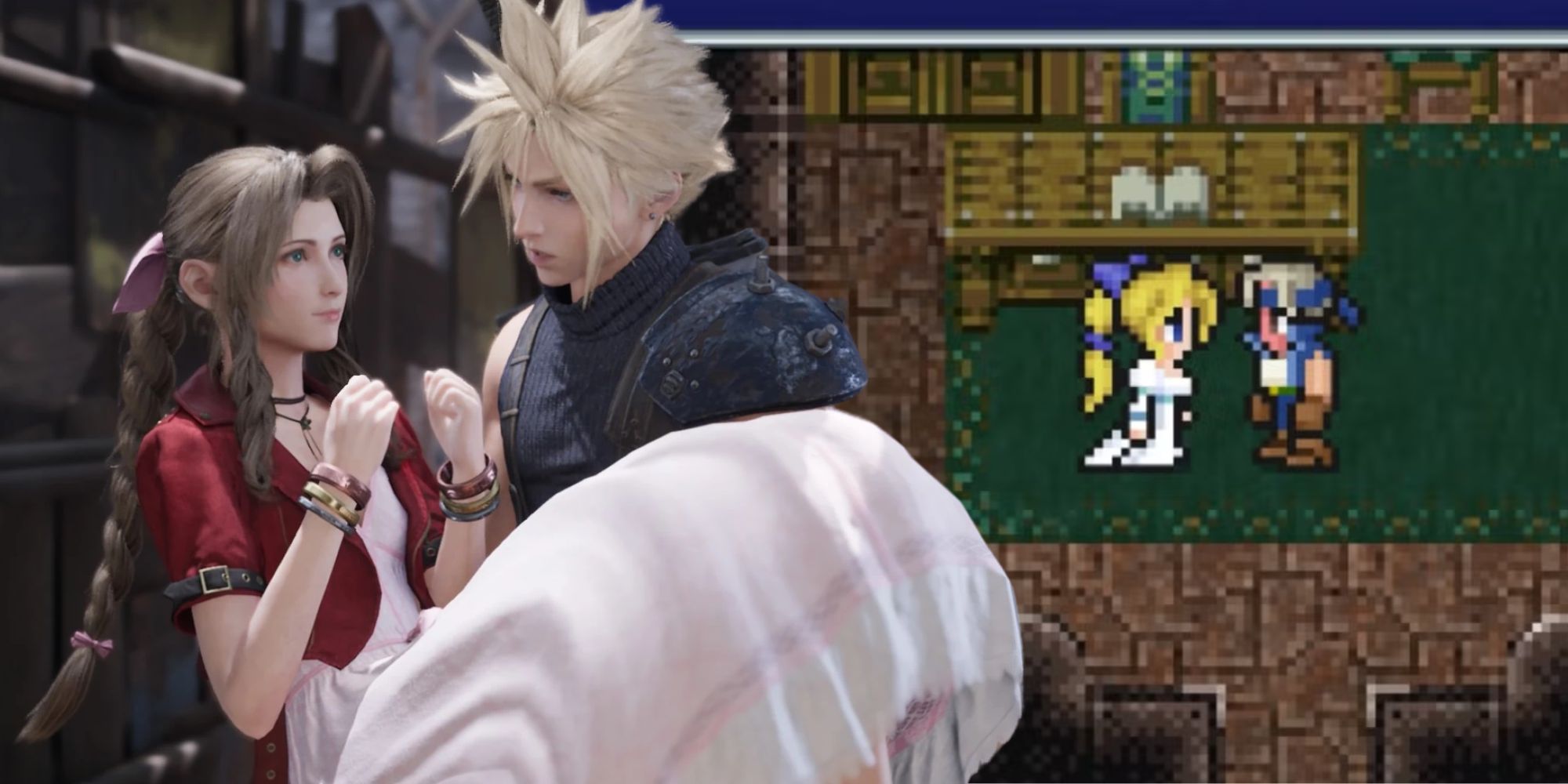 Cloud and Aerith from FF7 Remake and Celes and Locke from FF6