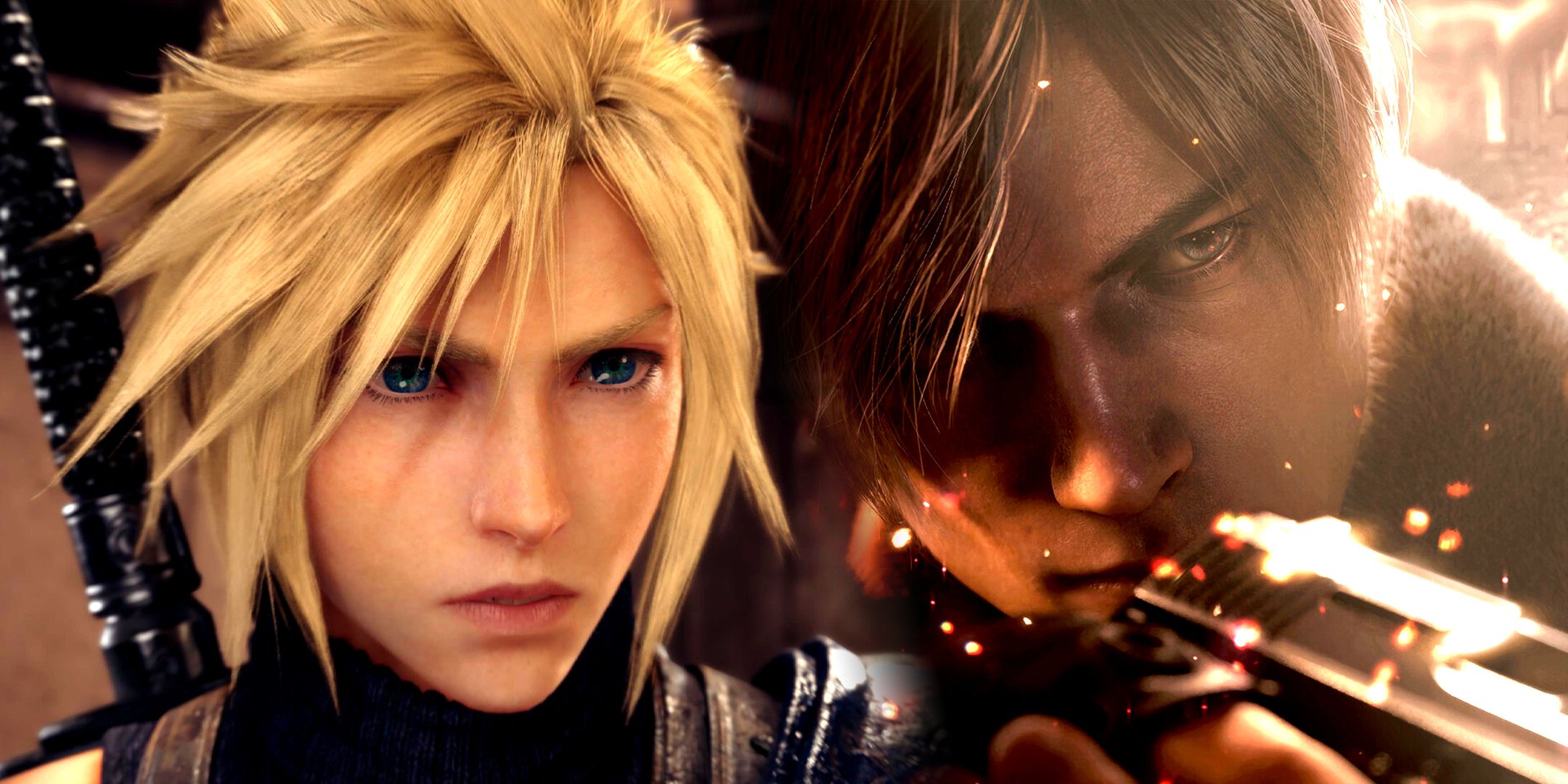 Cloud Strife from FF7 Remake and Leon S Kennedy from Resident Evil 4 Remake