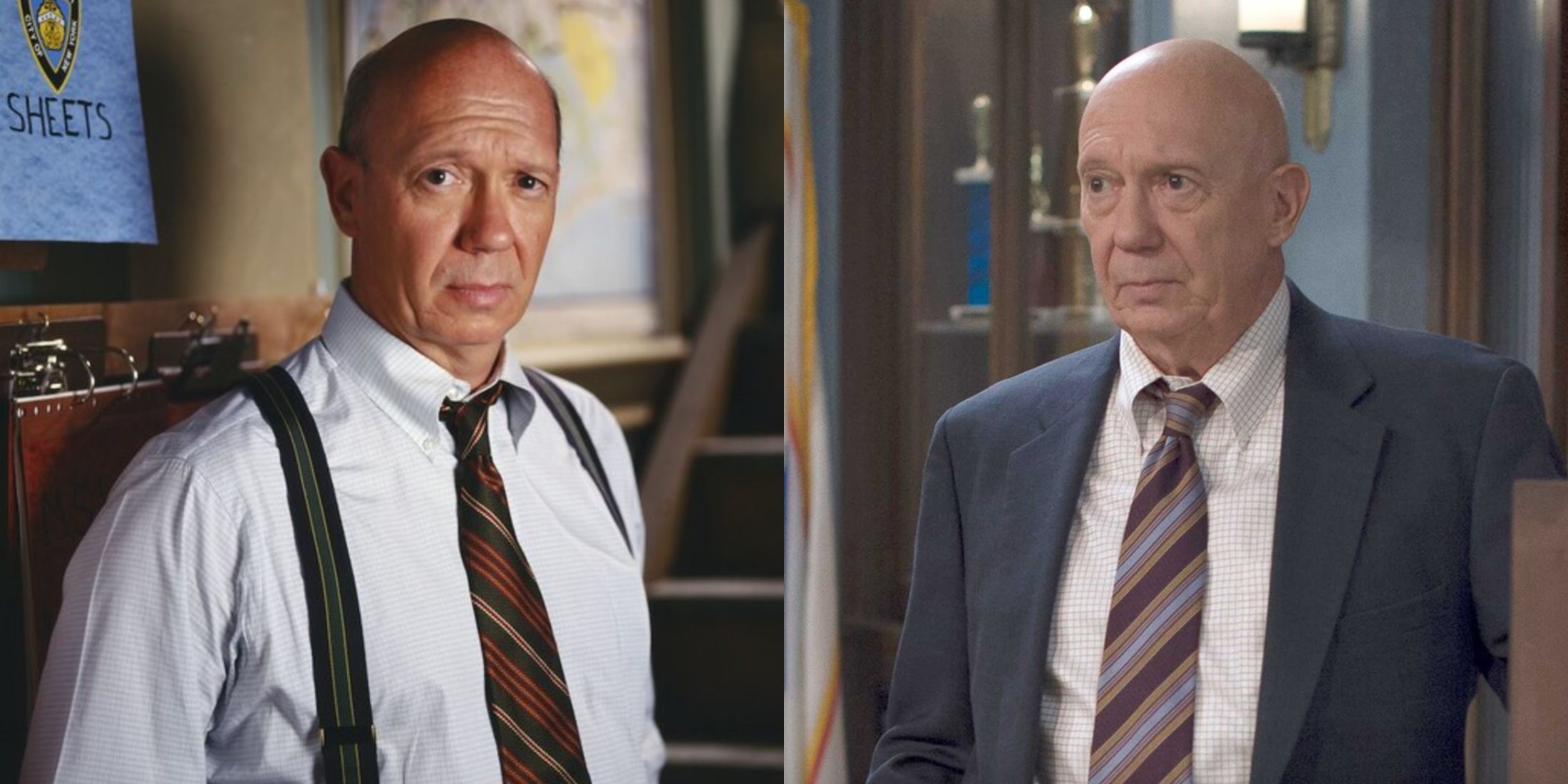 A split image features Captain Cragen at the start and end of his time in Law & Order: SVU