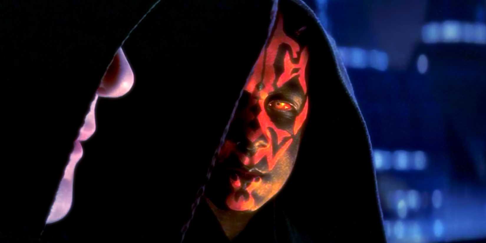 Darth Maul turns his head and speaks to Darth Sidious in The Phantom Menace