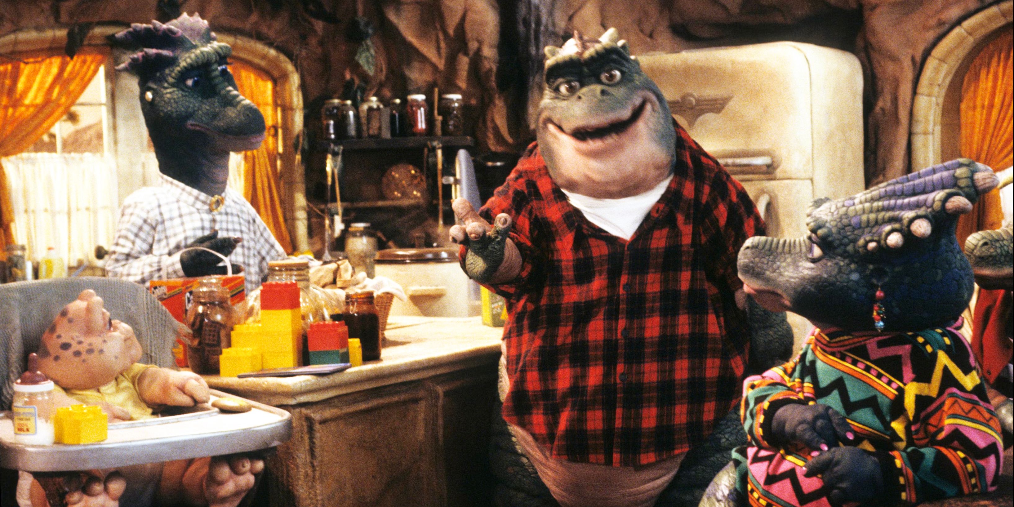 Dinosaurs the Sinclairs in their kitchen