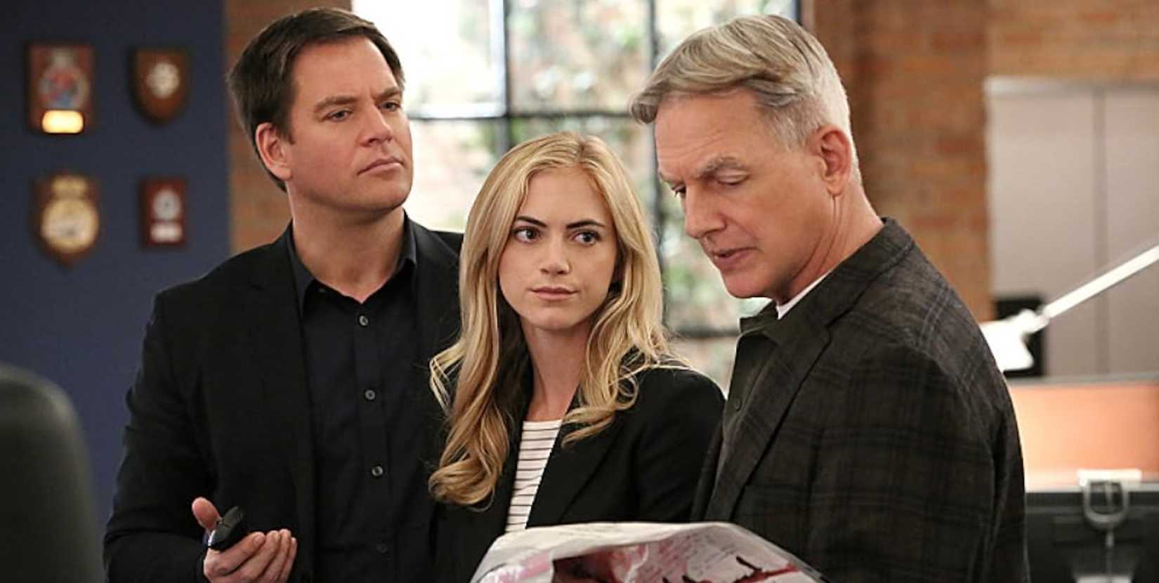 DiNozzo and Bishop with Gibbs in the bullpen in the NCIS episode Bulletproof