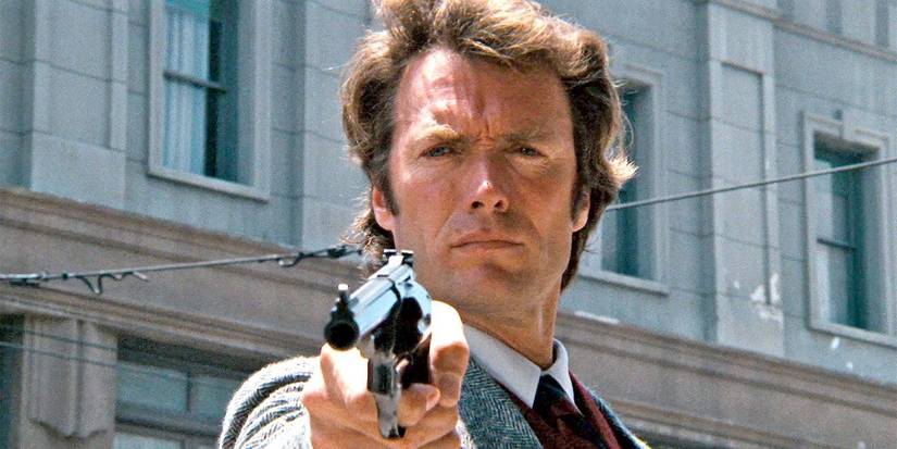 Dirty Harry movie closeup on harry holding a gun pointed at the camera
