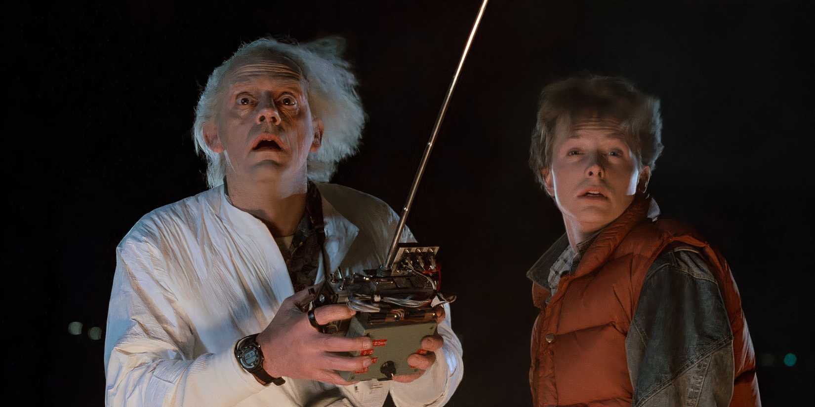 Marty and Doc looking shocked in Back to the Future