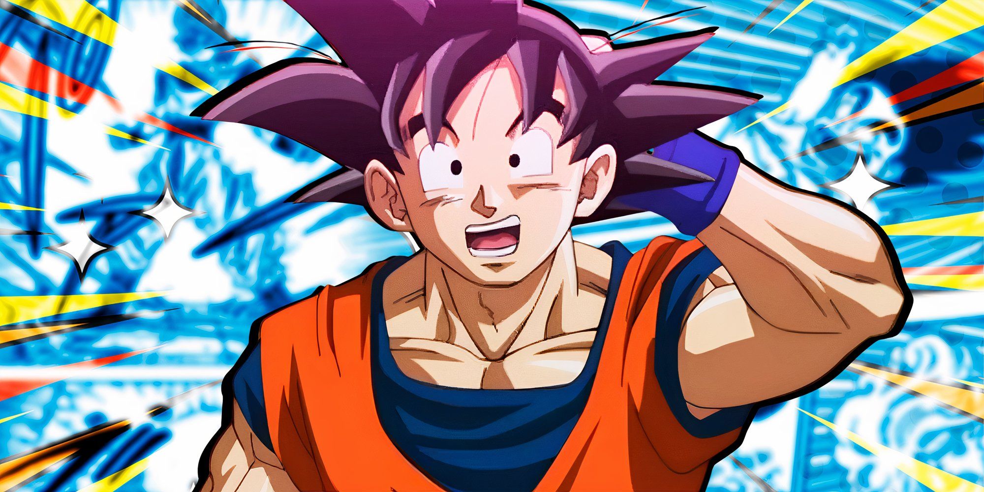 Dragon Ball's Goku with his hand behind his head looking surprised in front of a blue collage.