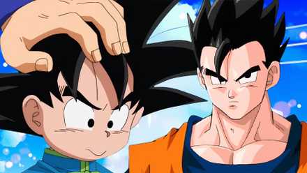 Goten looking sad next to Ultimate Gohan from Dragon Ball's Buu Saga.