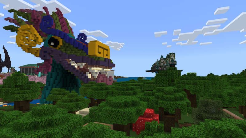 Dragon head emerging above trees in minecraft hermitcraft addon