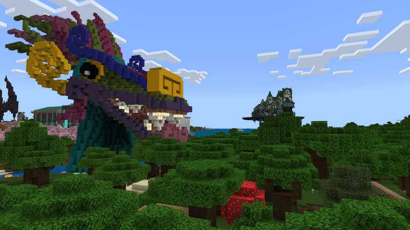 Dragon head emerging above trees in minecraft hermitcraft addon