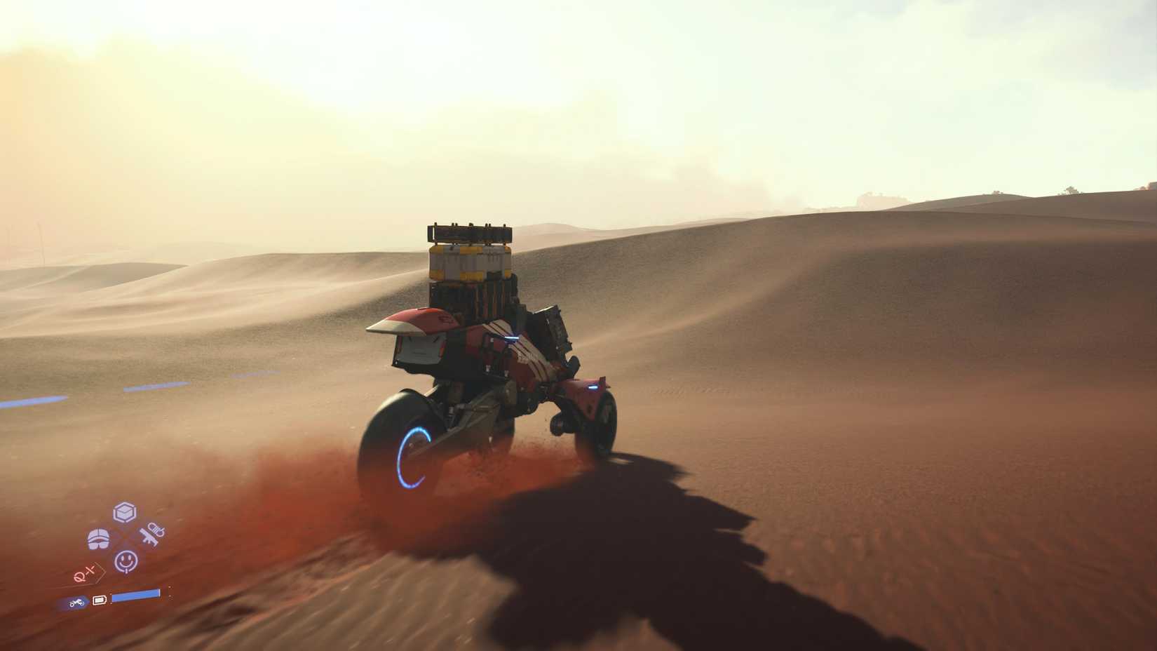 Driving a Tri Cruiser through the desert in Death Stranding 2.
