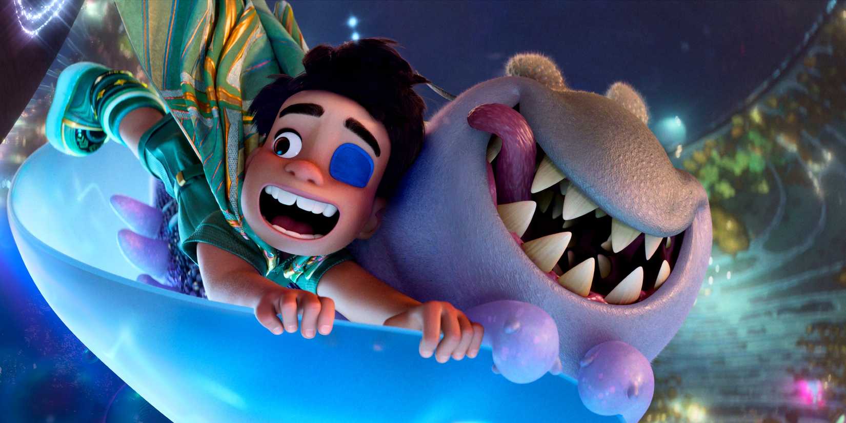 Elio e Glordon cavalgando pelo Communiverse sorrindo em Elio.