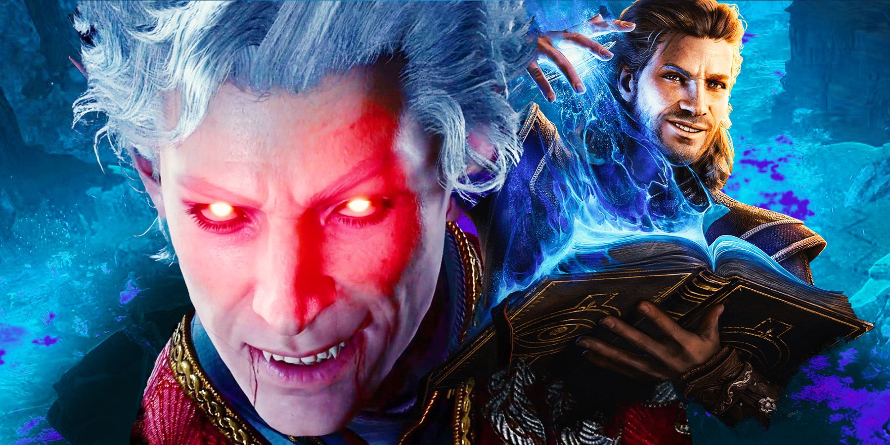 Evil looking Astarion wiht Gale with a casting spell book