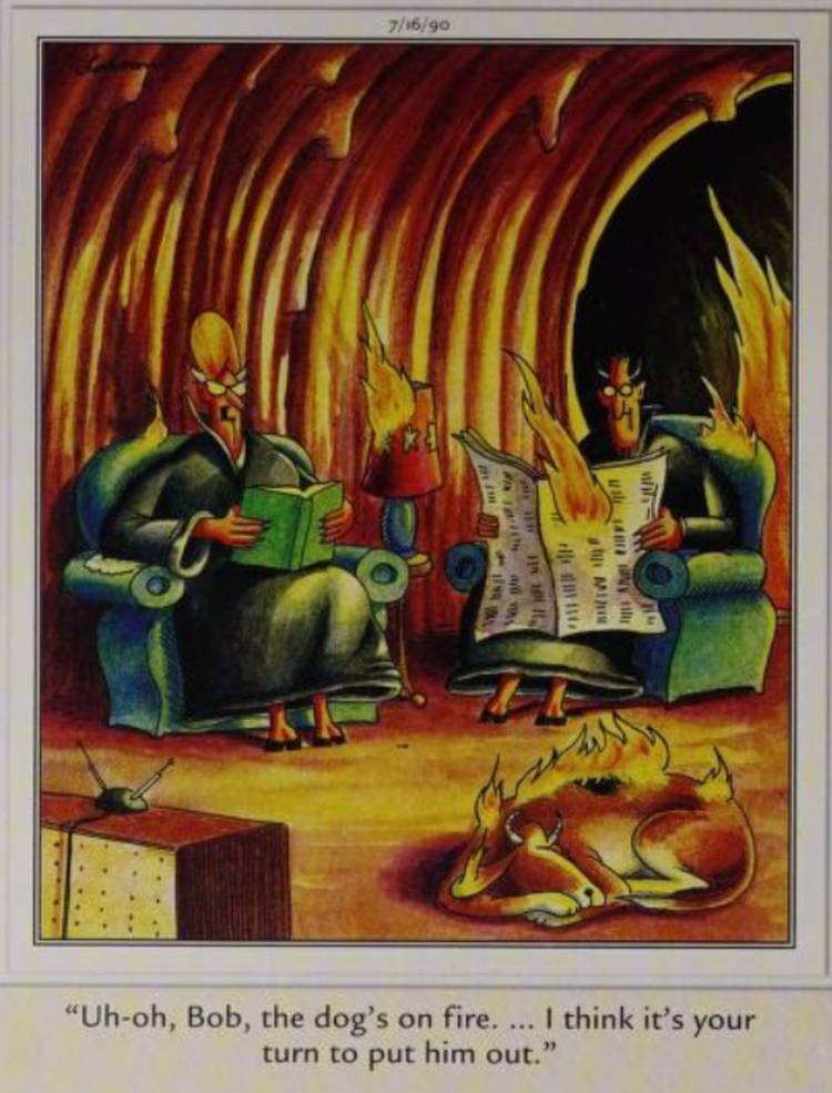 Far Side, July 16, 1990, a demon couple's dog catches on fire