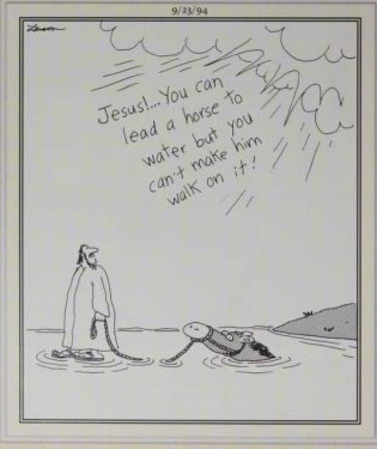 Far Side, September 23, 1994, God tells Jesus he can lead a horse to water but not make him walk on it