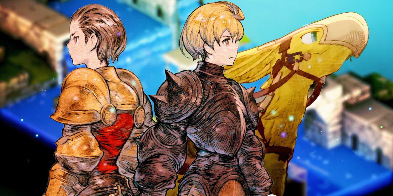Final Fantasy Tactics protagonists standing back to back with a Chocobo behind them