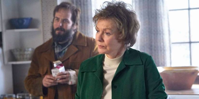 Floyd (Jean Smart) and Bear (Angus Sampson) standing in a kitchen in Fargo.