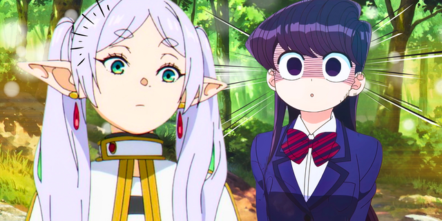 Frieren Beyond Journey's End and Komi Can't Communicate looking shocked next to each other