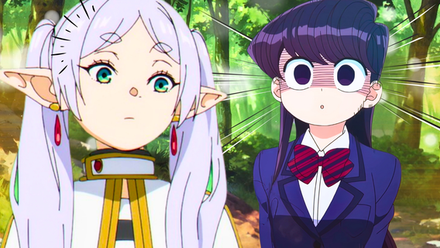 Frieren Beyond Journey's End and Komi Can't Communicate looking shocked next to each other