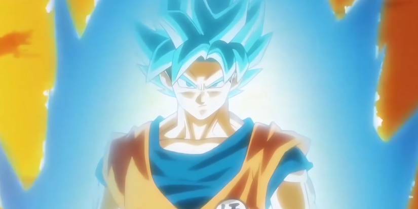 Goku em Super Saiyajin Blue durante sua batalha contra Número 17.