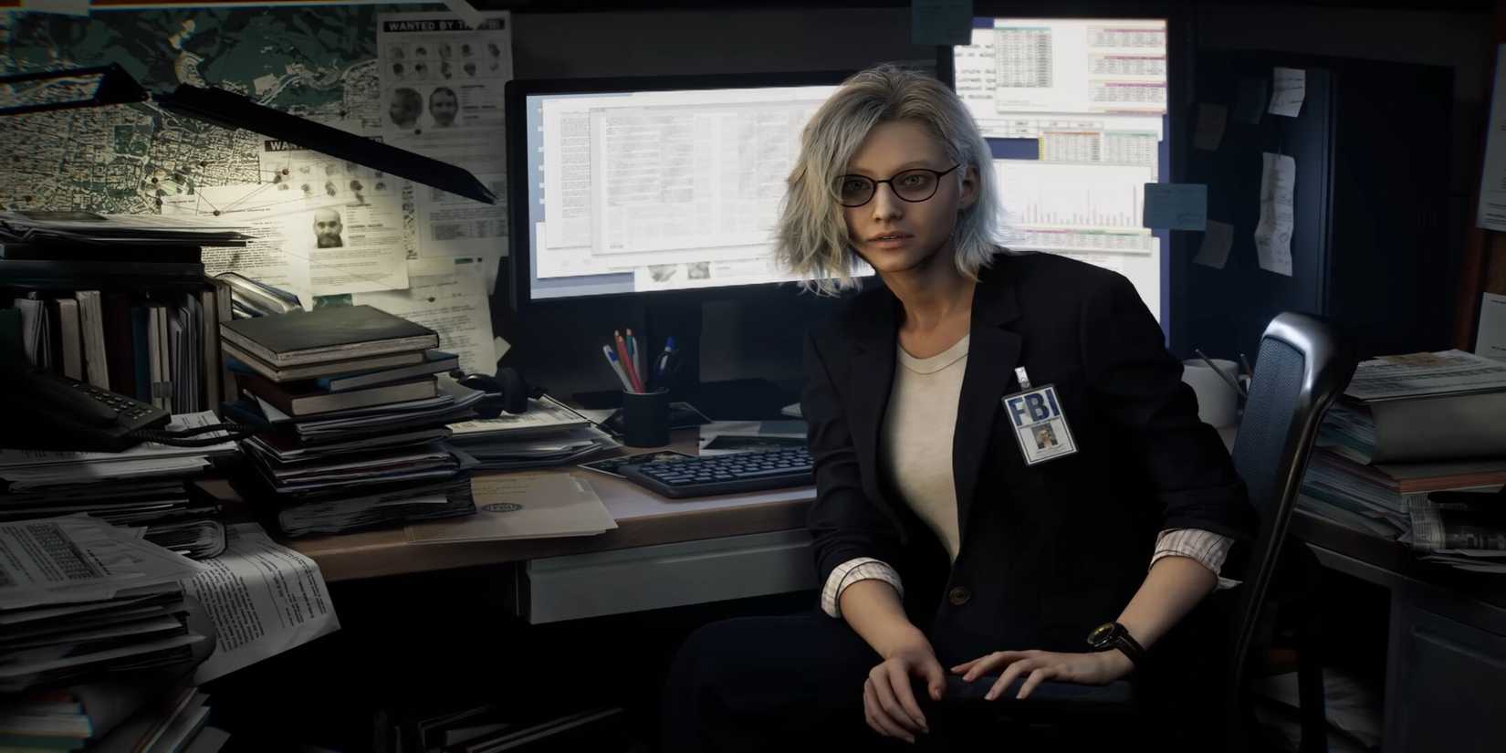 Grace Ashcroft at her desk in RE9