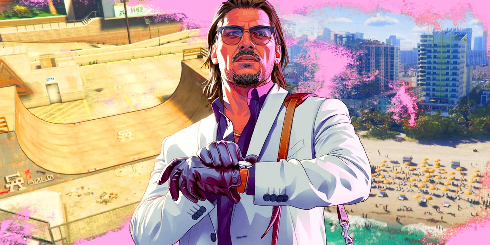 GTA 6 character with skatepatk and a beach