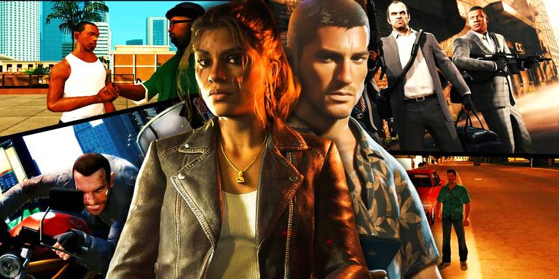 Lucia e Jason da GTA 6 con immagini dei precedenti titoli della serie