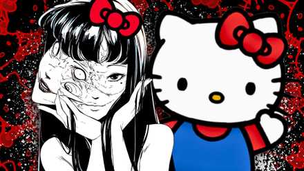 Tomie Kawakami de Junji Ito con Hello Kitty, sobre un fondo rojo y negro de Hello Kitty