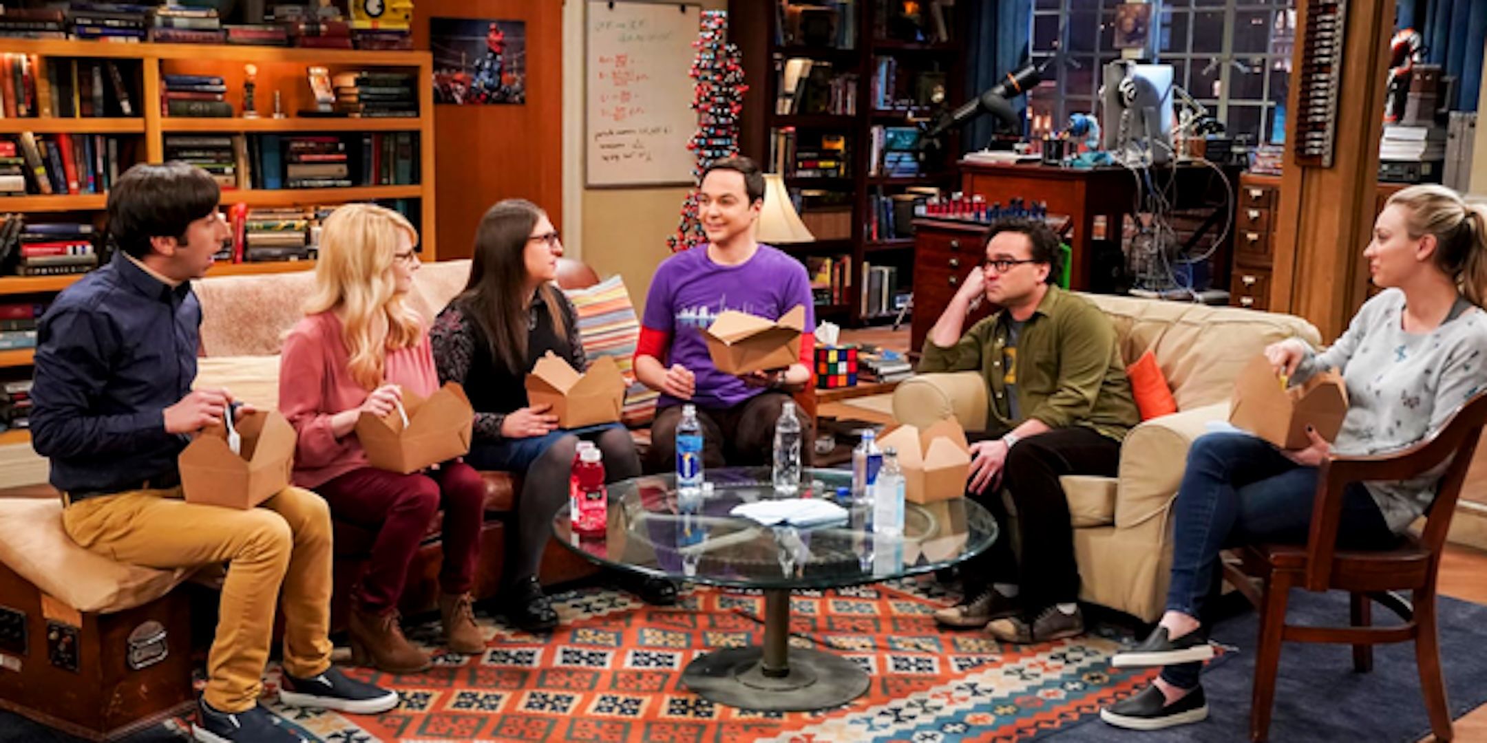 Howard Bernadette Amy Sheldon Leonard and Penny sit in the living room from The Big Bang Theory