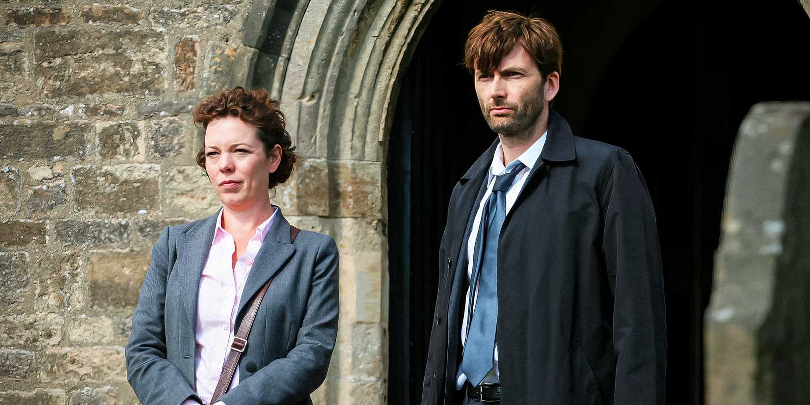 Olivia Colman and David Tennant standing in Broadchurch