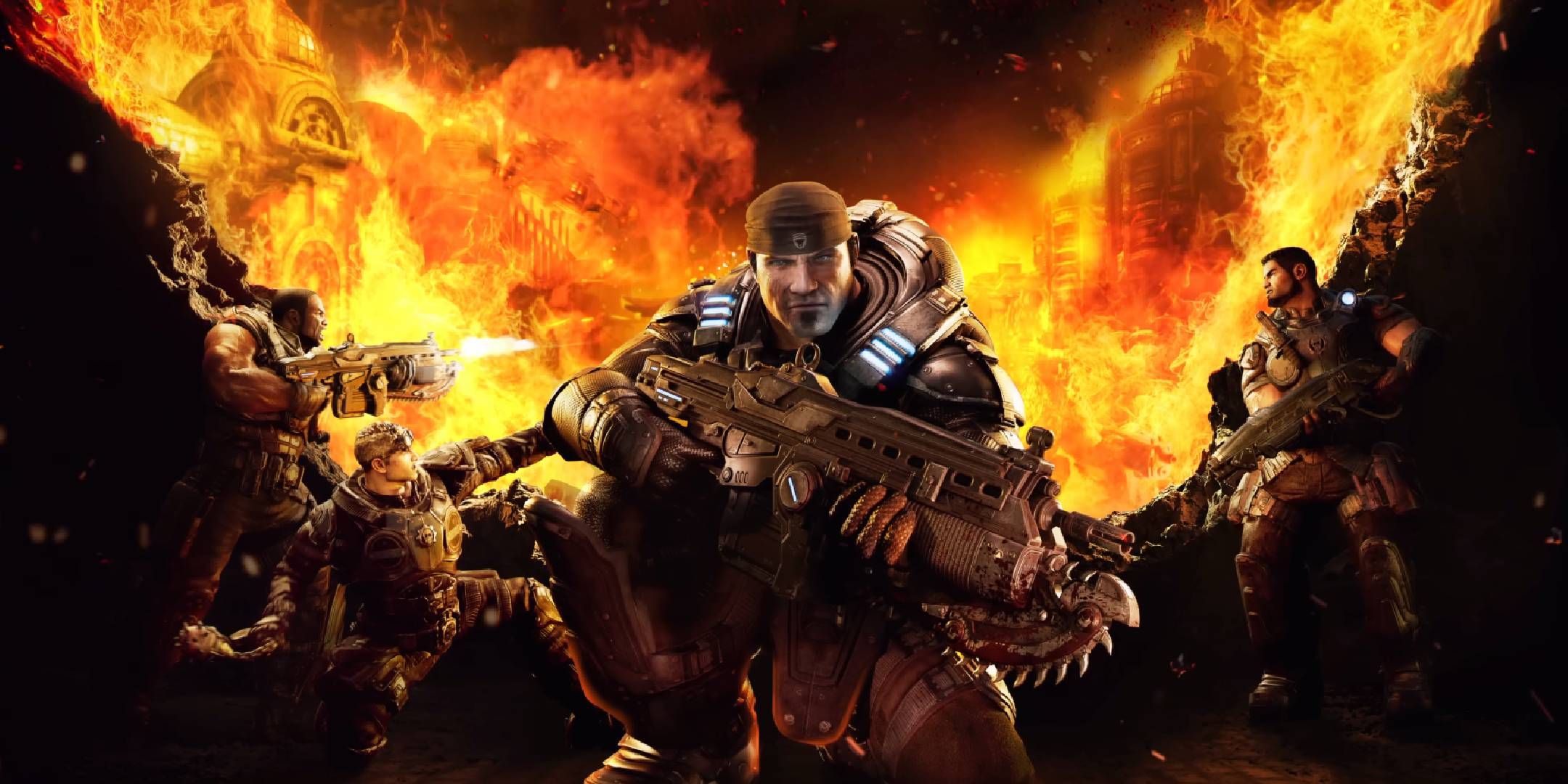 Gears of War: Reloaded Marcus Phoenix with squad members in game remaster keyart