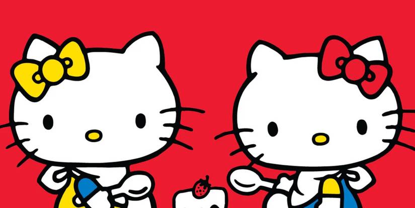 Hello Kitty and Hello Mimmy having cake together Sanrio