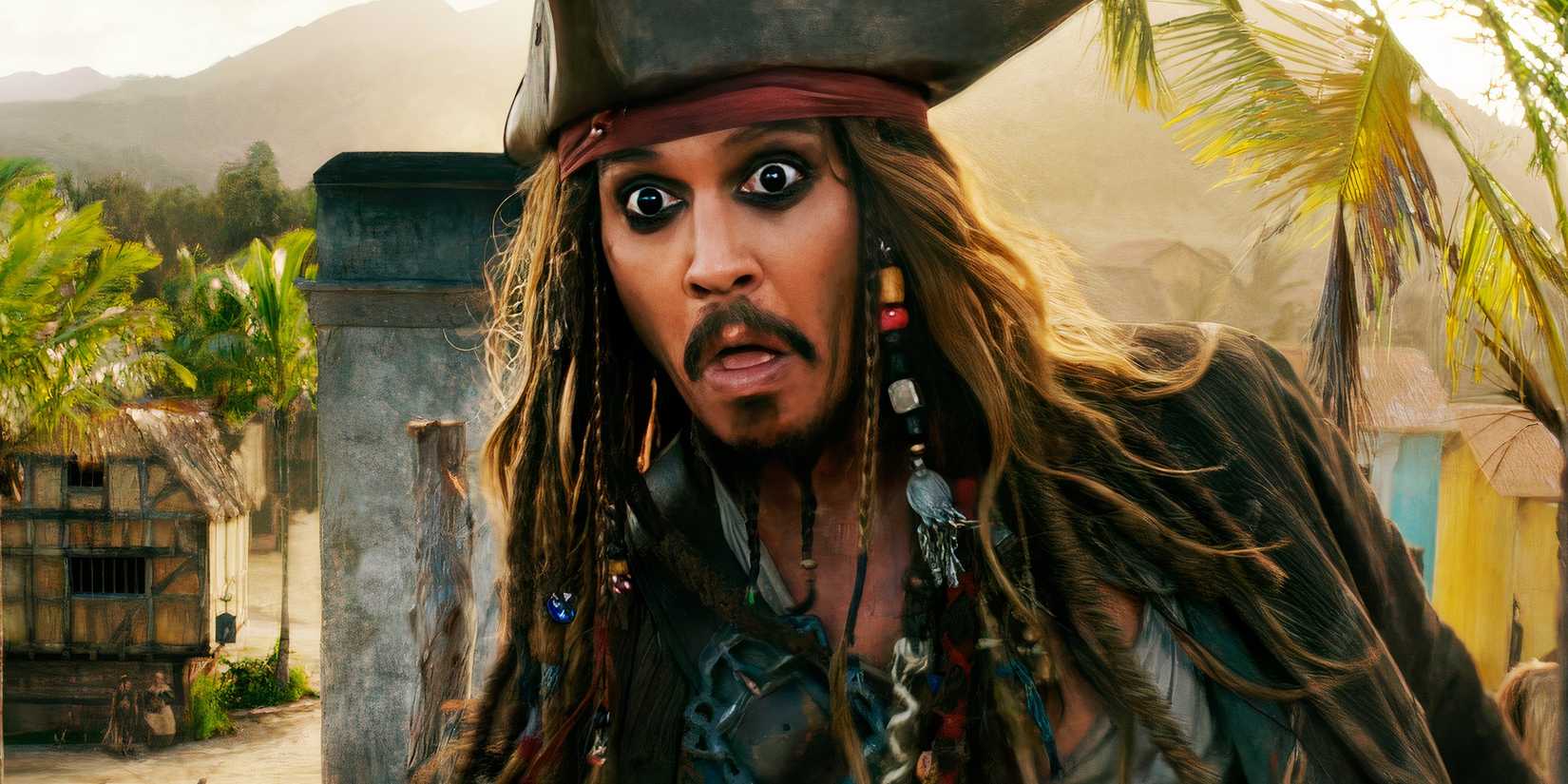 Johnny Depp looking scared as Jack Sparrow in the Pirates of the Caribbean franchise.
