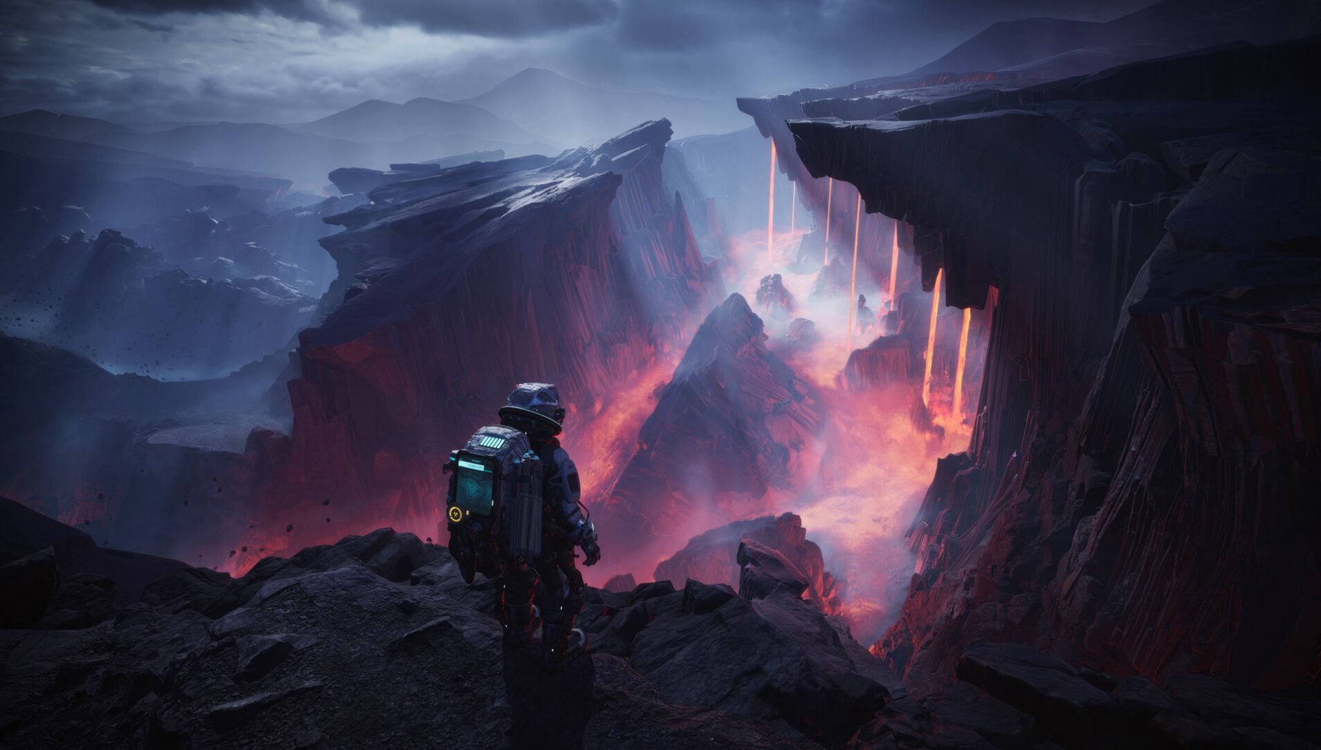 Jan standing on cliff in a spacesuit overlooking a lava river in The Alters