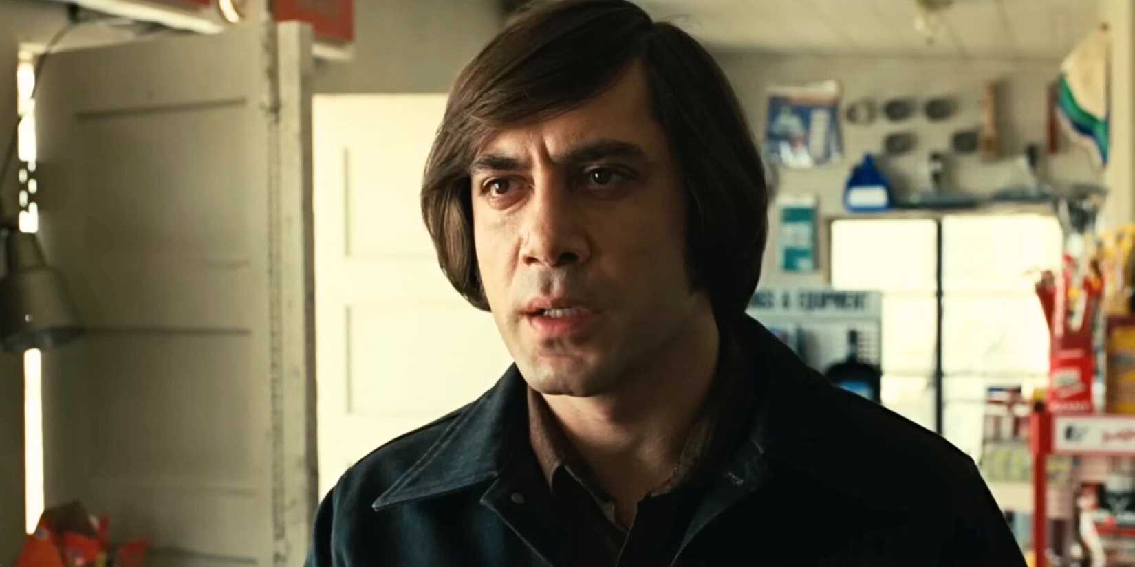Javier Bardem as Anton Chigurh in the store in No Country for Old Men