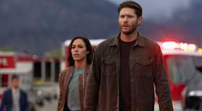 Jensen Ackles' Meachum and Jessica Camacho's Oliveras walking up to a crime scene looking intense in Countdown season 1