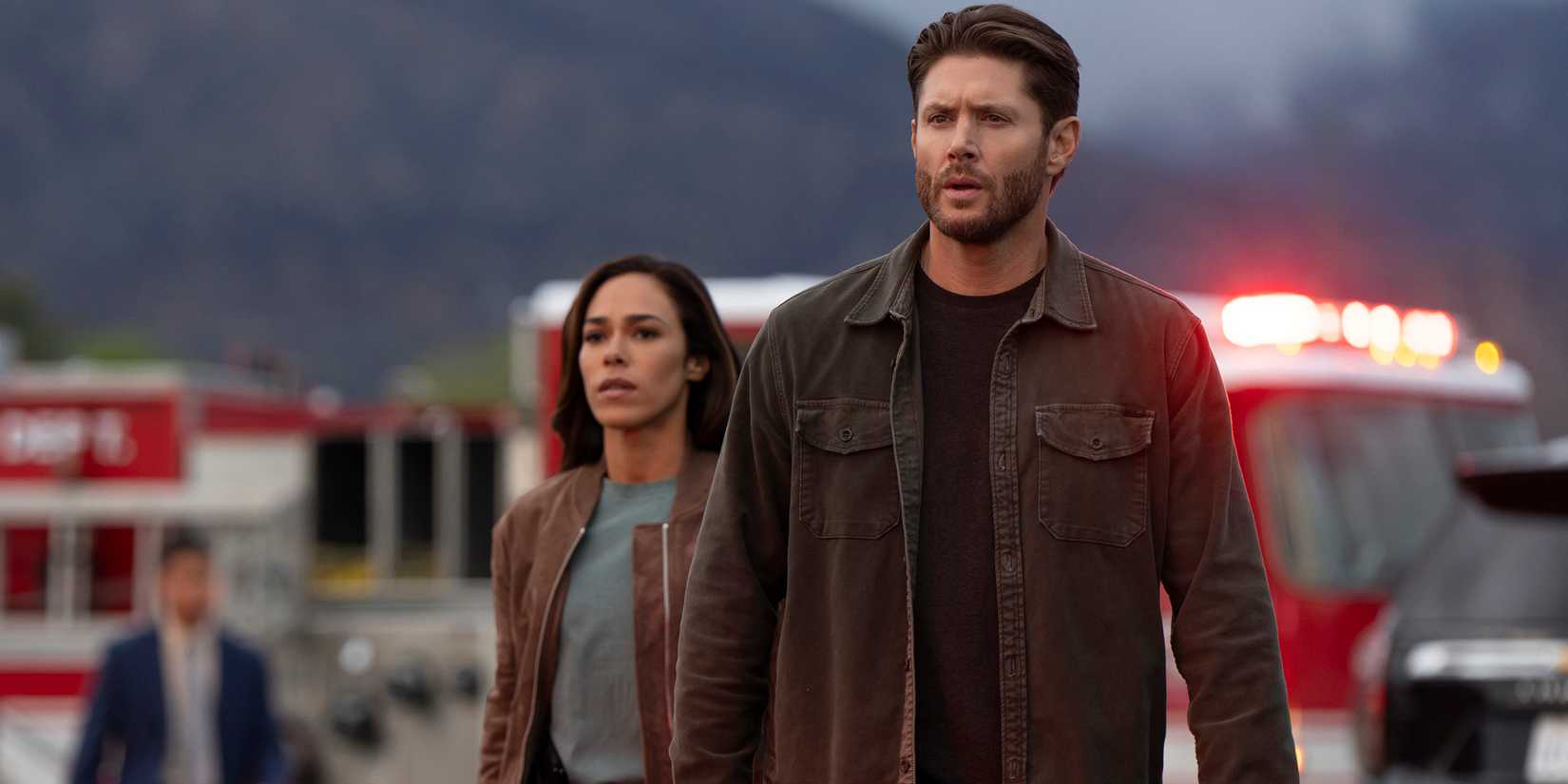 jensen ackles meachum and jessica camacho s oliveras walking up to a crime scene looking intense in countdown season 1