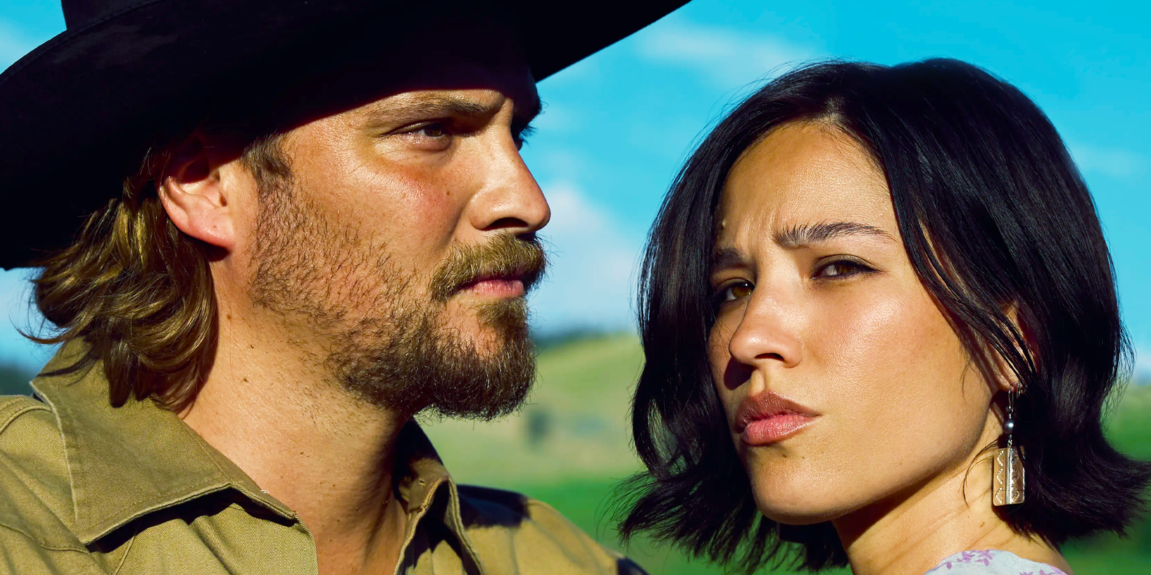 A close up of Kayce and Monica in Yellowstone