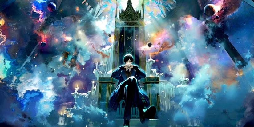 A poster featuring Lord of Mysteries' main character sitting on a throne with cosmic imagery surrounding him.