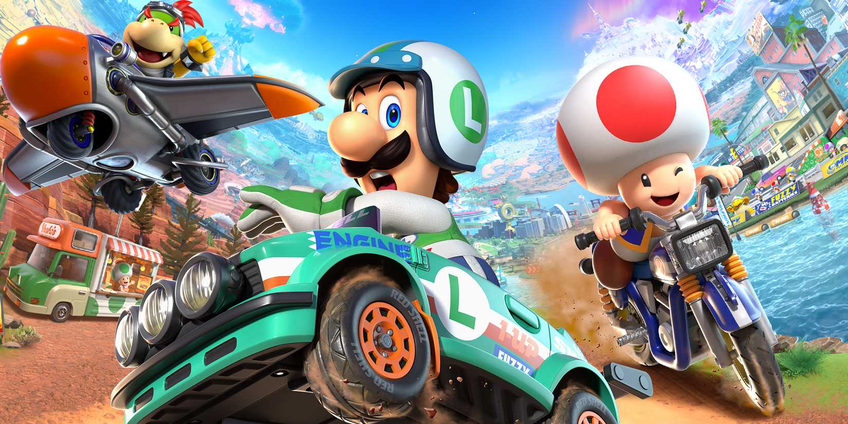 Luigi Toad and Bowser Jr in Mario Kart World.